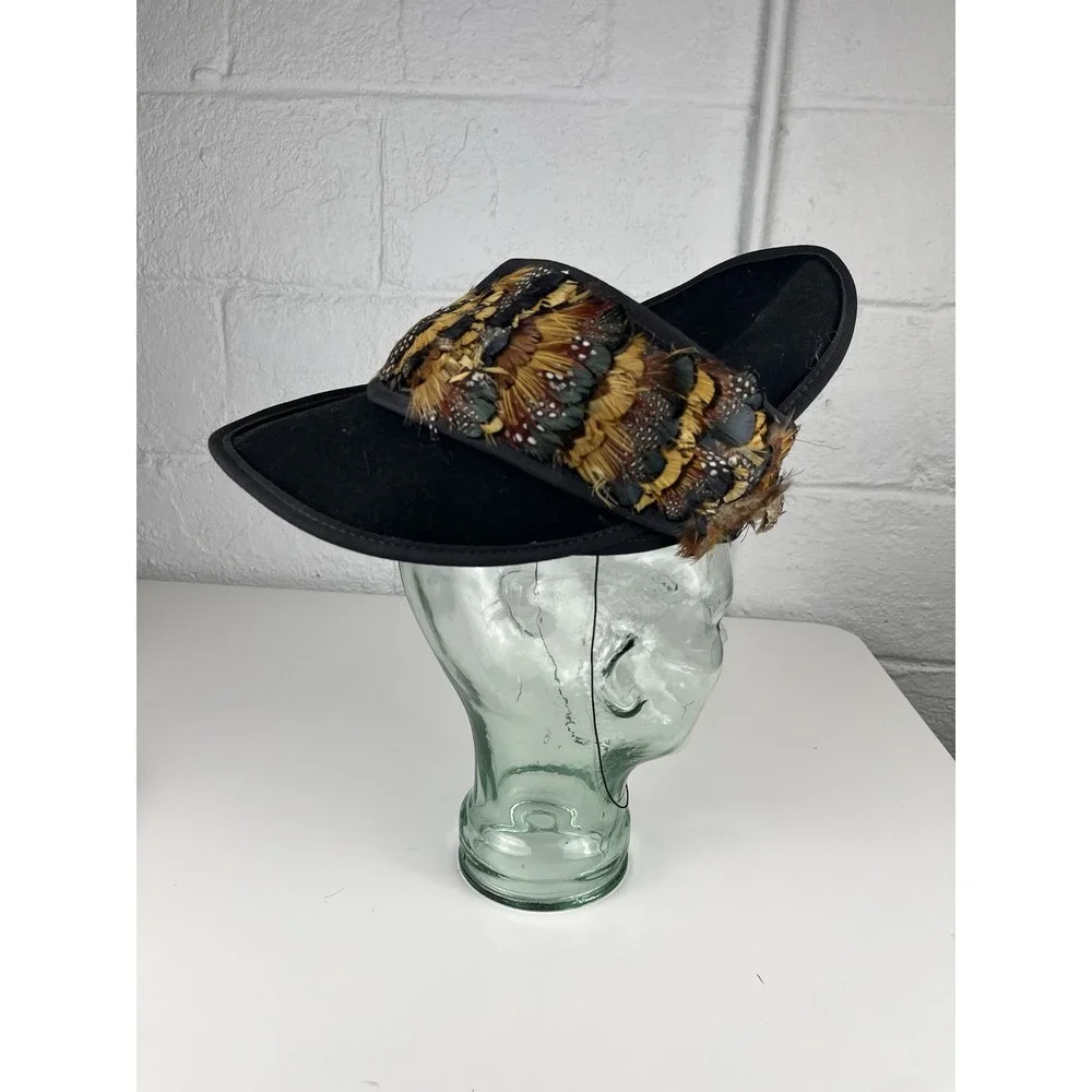 Vintage 40s 50s Tilt Hat Black Feather Brown Tan Felt USA Asymmetrical Wool Felt